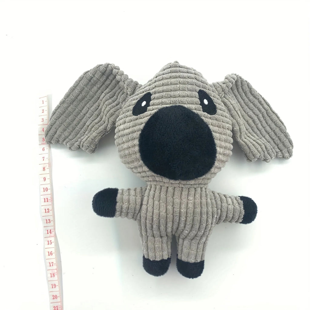 Animal shaped plush dog chew toy with squeaker in blue, brown, cow, gray, pink, white or yellow