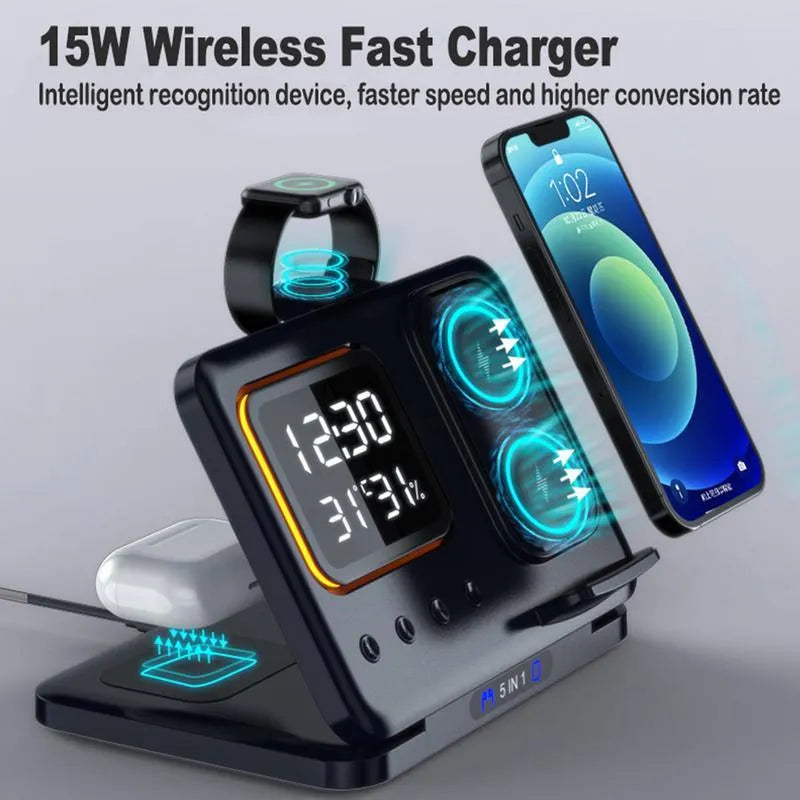 Black wireless charging station with digital clock display showing time and temperature, charging smartphone and smartwatch