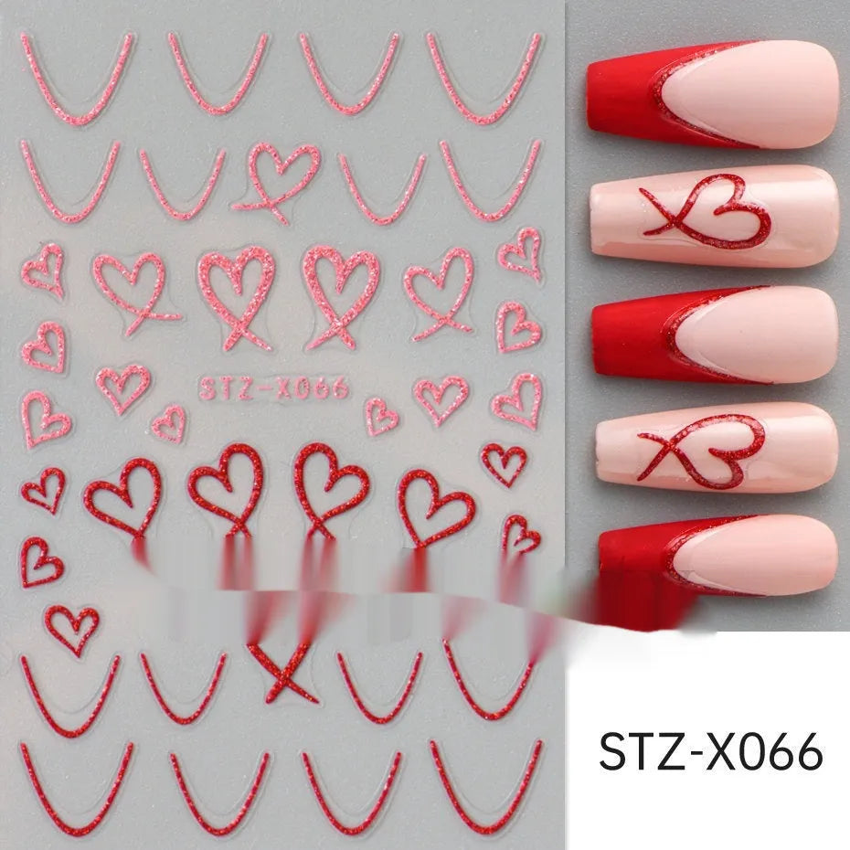 Cartoon nail art stickers with black and silver strip love pattern design