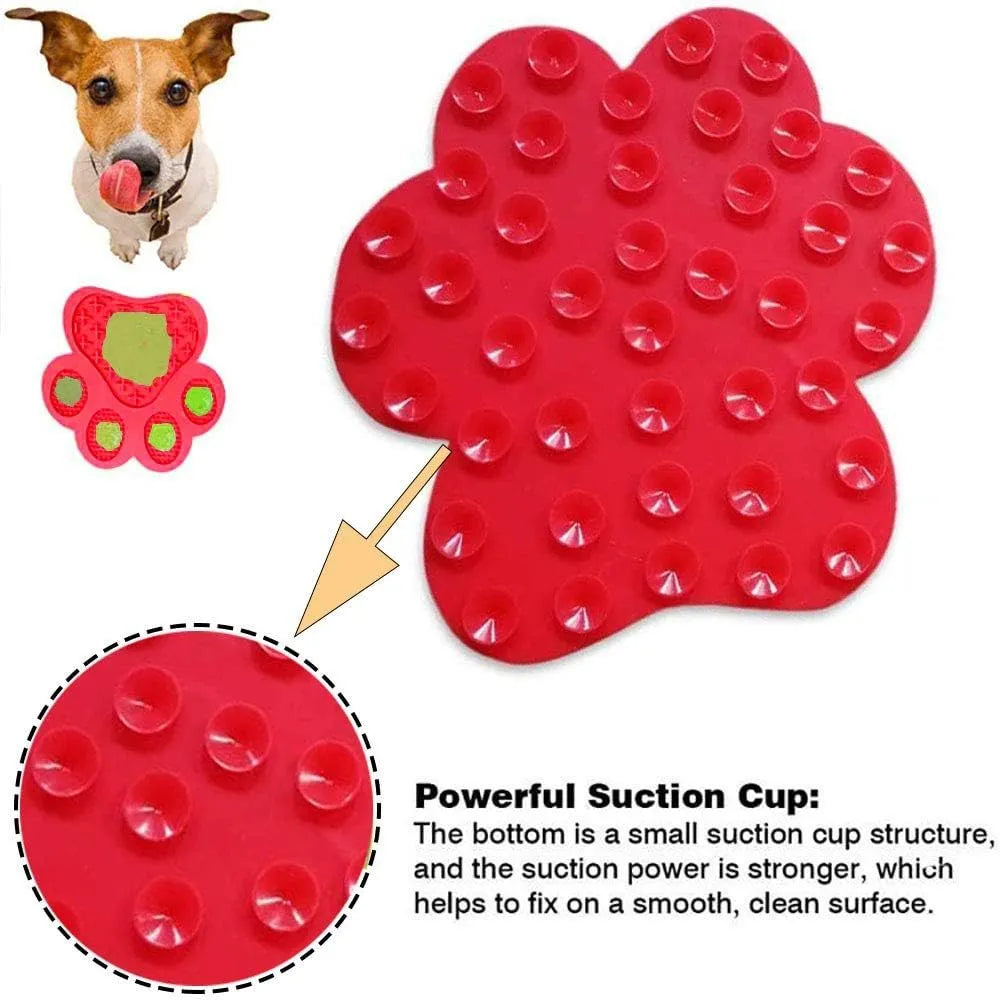Square blue silicone dog licking mat with bone texture and suction cups on the back.