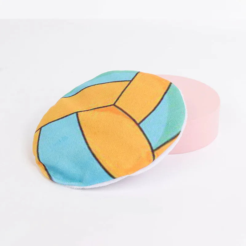 Plush cat toy with sports ball patterns featuring catnip and crinkle sounds for interactive flying disc play