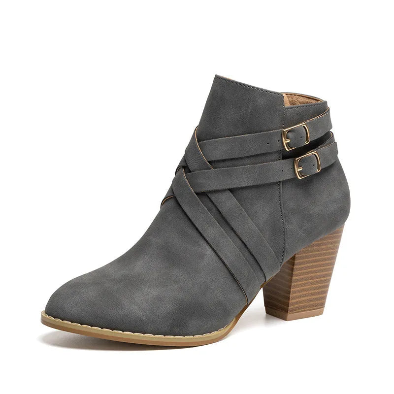 Plus size short boots with a 7cm heel, side zipper, and belt buckle in grey.