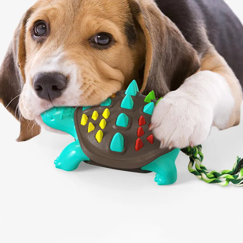 Natural rubber dog toothbrush chew toy with dinosaur knot design in mint flavour for dental care