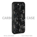 Black frame blue gold metal and carbon fibre magnetic protective case for iPhone 17 models on a table.