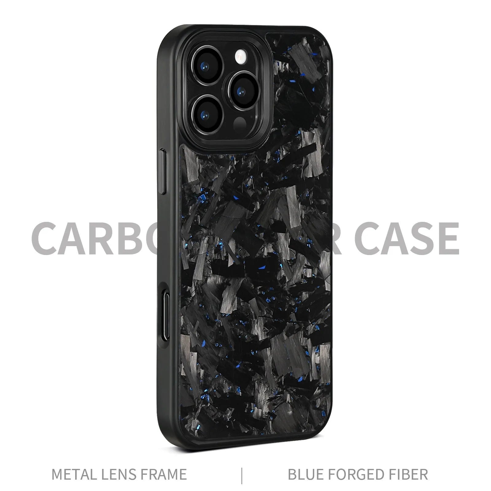 Black frame blue gold metal and carbon fibre magnetic protective case for iPhone 17 models on a table.