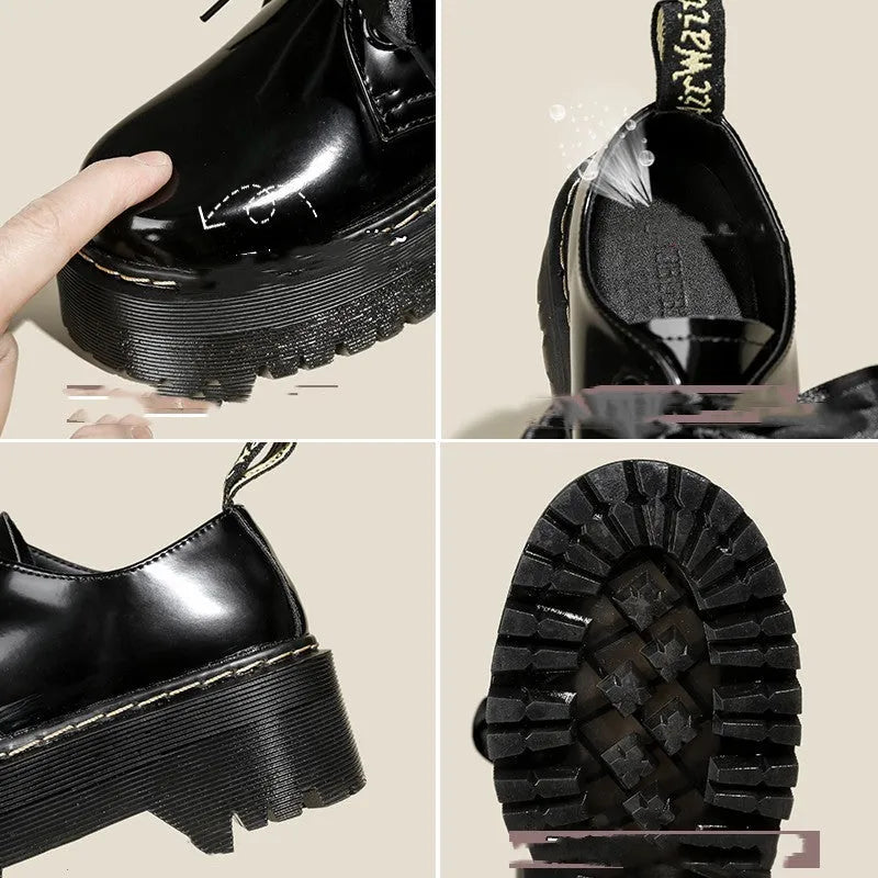 Women's thick soled leather shoes with ribbon details in black and white colour options
