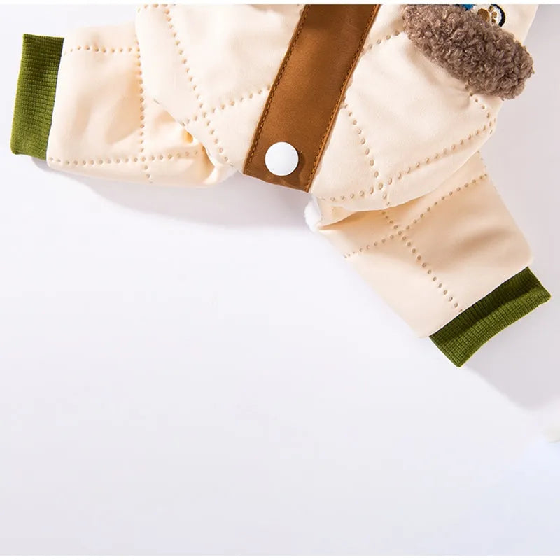 Warm thick Maillard pocket patch four-legged cotton dog coat in green with fleece-lined collar and leash ring
