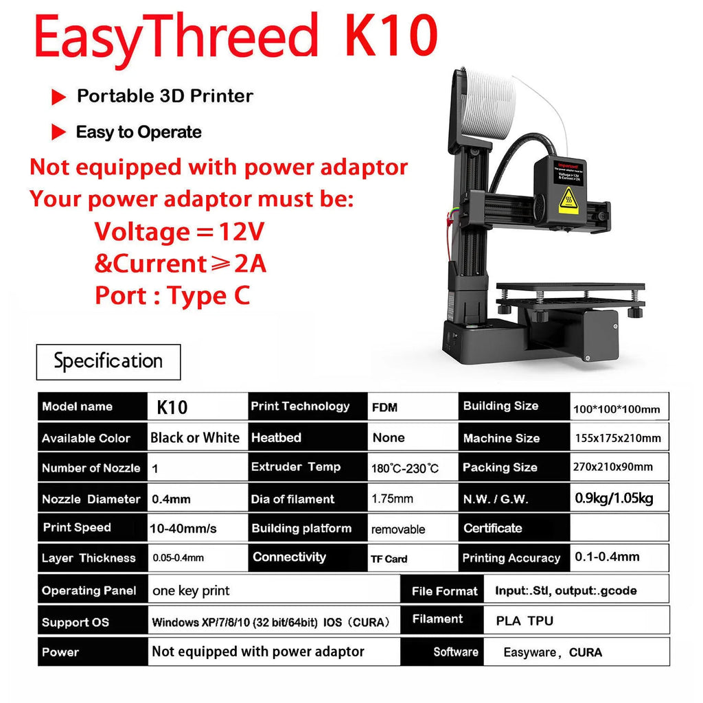 White EasyThreed K10 3D printer on a desk with power cord and manual