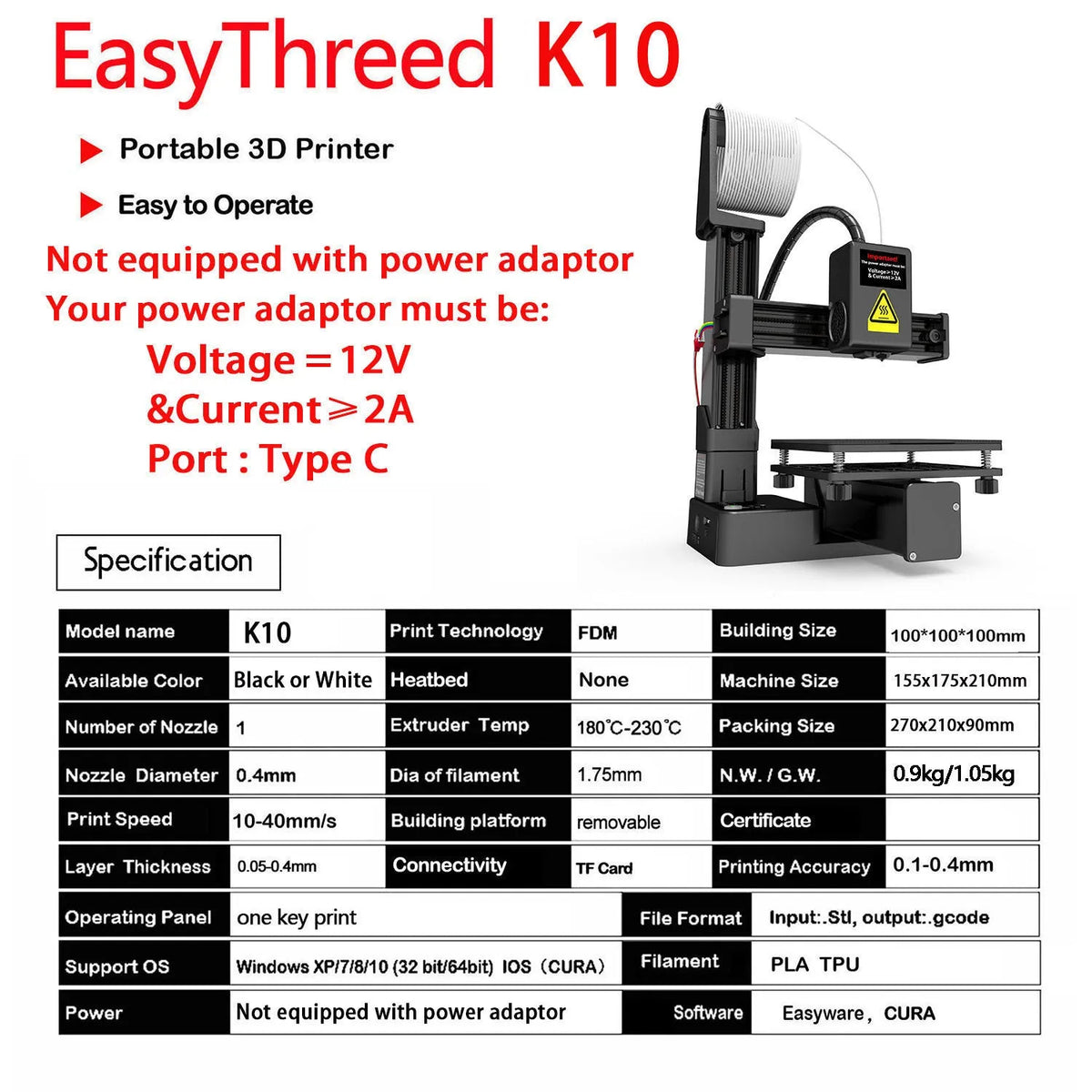 White EasyThreed K10 3D printer on a desk with power cord and manual