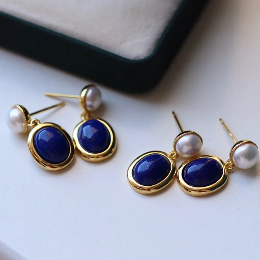 Lapis lazuli pearl earrings in 925 silver with auspicious patterns and post back fittings