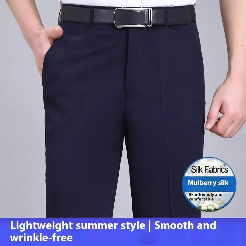Men's straight-leg high-waist business trousers in a mulberry silk blend fabric