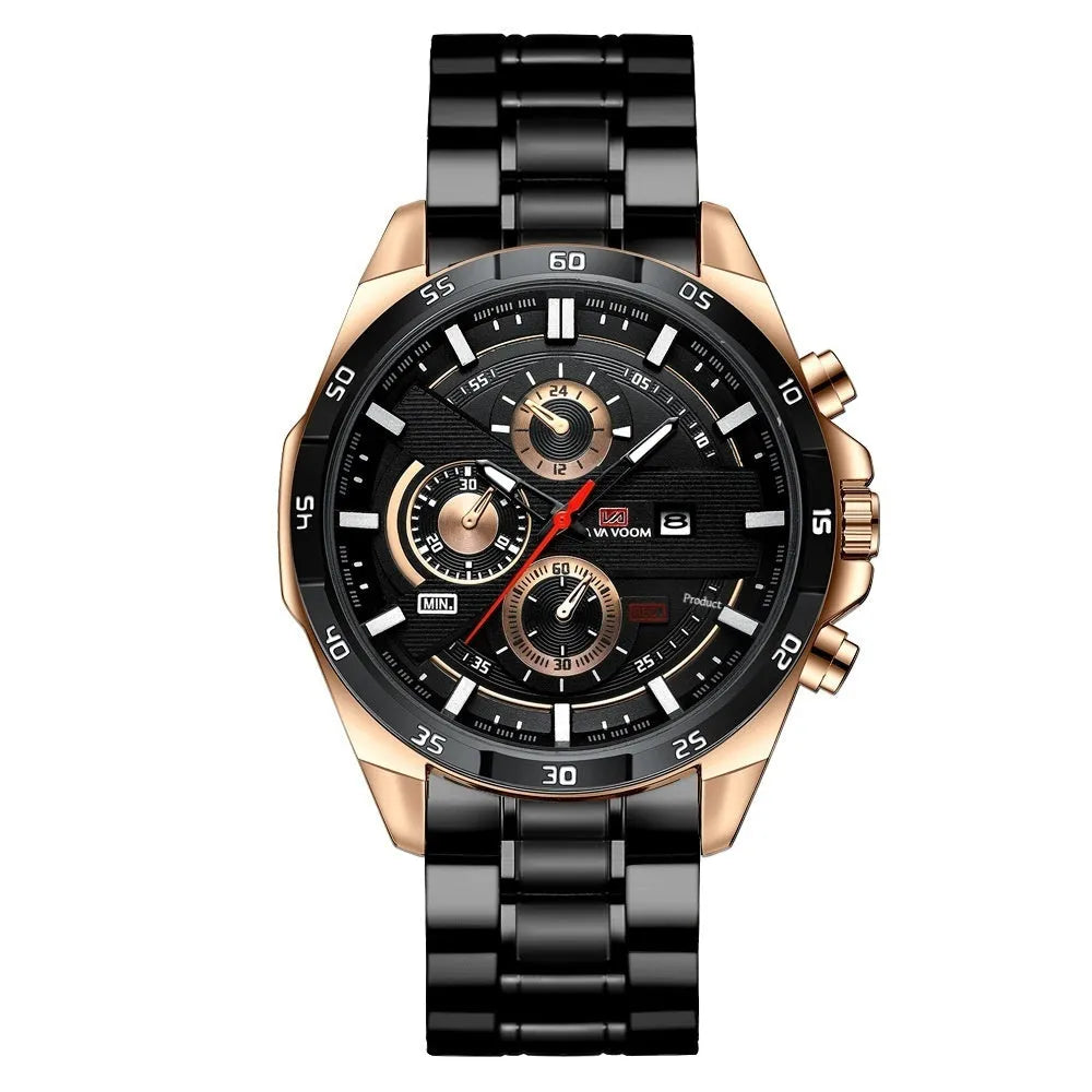 Men's waterproof calendar quartz watch with leather strap and metal case options