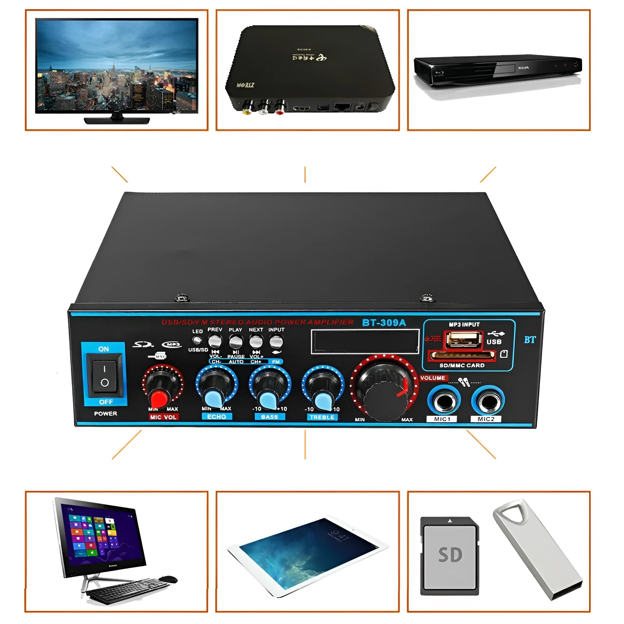 Black BT-309A-A dual-voltage amplifier with Bluetooth recording, iron chassis, front panel controls and wire clamp connections
