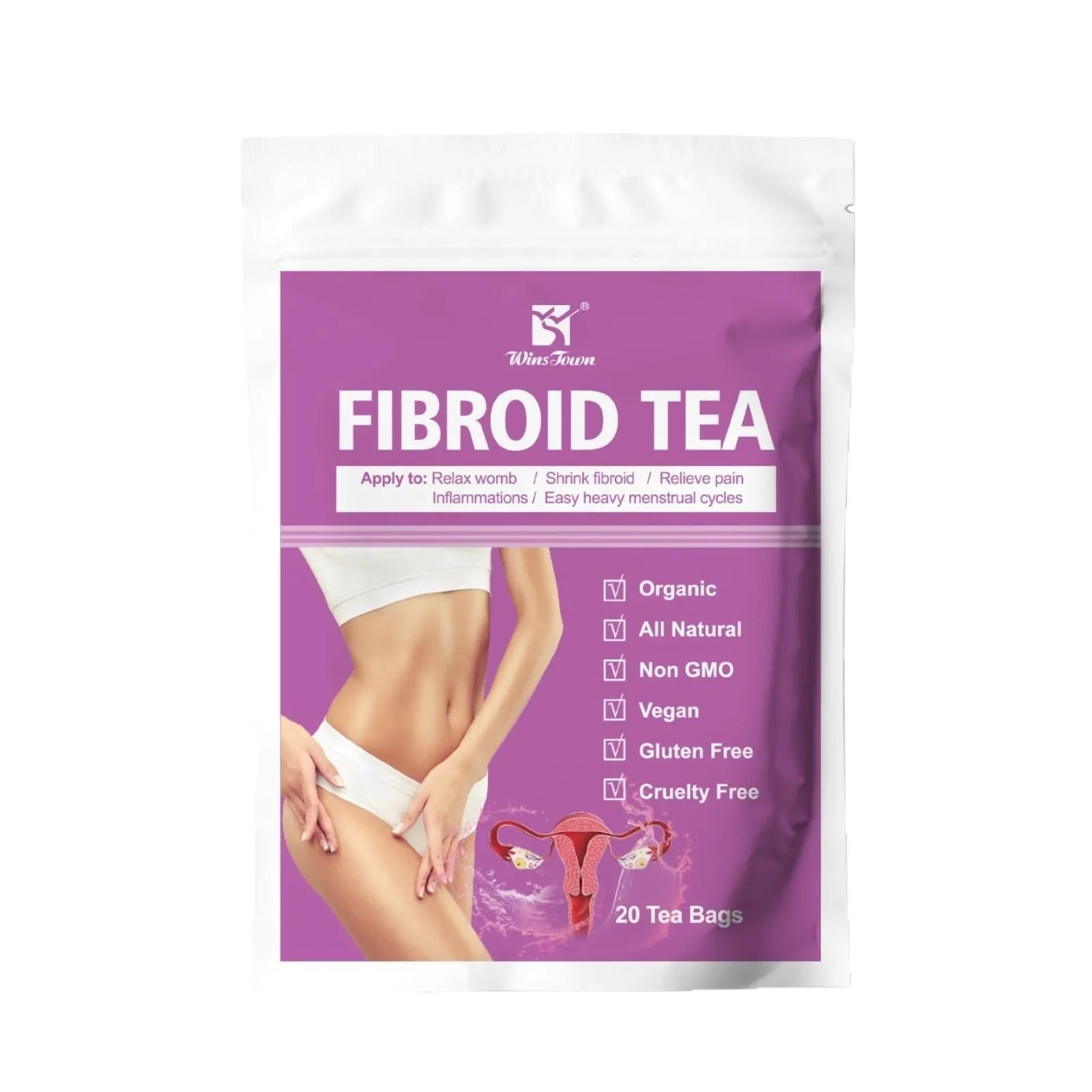 A single pack of C83 Winstown herbal fibroid support tea bags for cold extraction.
