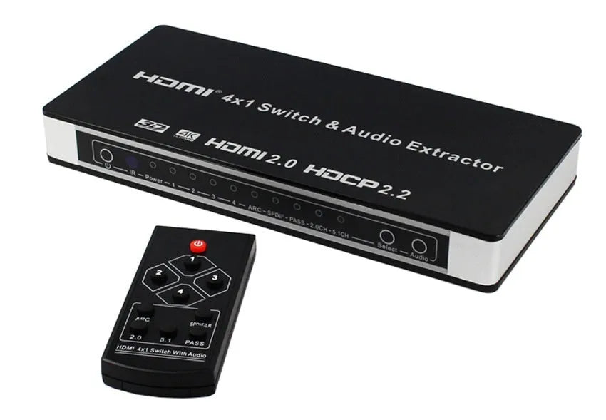 Black 4-in 1-out HDMI audio extractor switch with remote control on a dark surface.