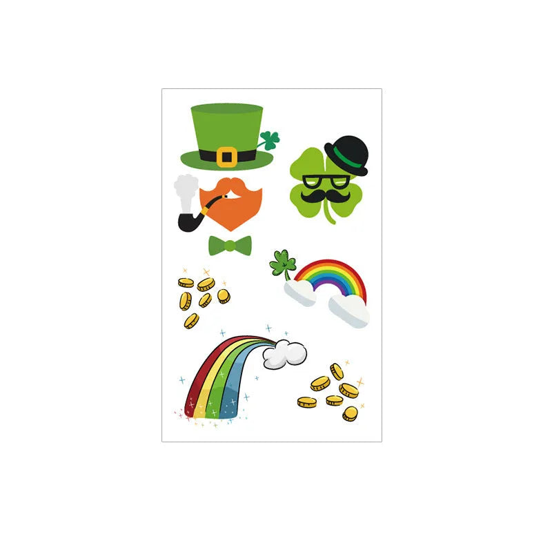 Temporary tattoo sticker sheet with St. Patrick's Day clover designs for Irish festival face painting
