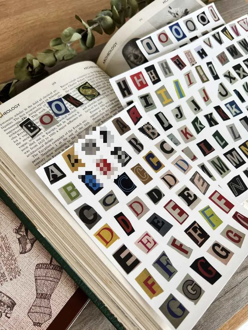English letters and numbers symbol label stickers showing A, B, C, D, E letters and weekly words in cute printed style