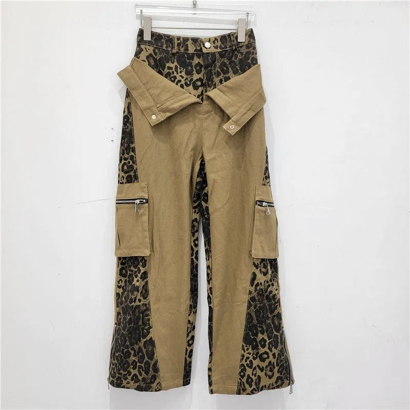 Dark khaki leopard print high waist straight leg denim trousers with contrast stitching detail.
