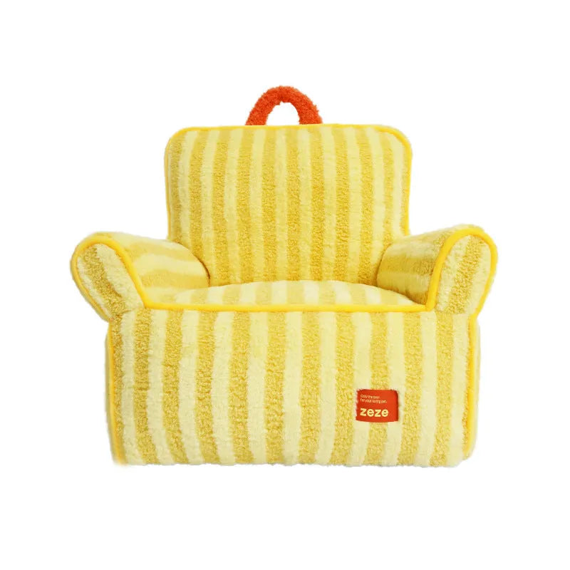 Striped soft velvet dog bed with a removable cover in orange, purple, or yellow colour options.