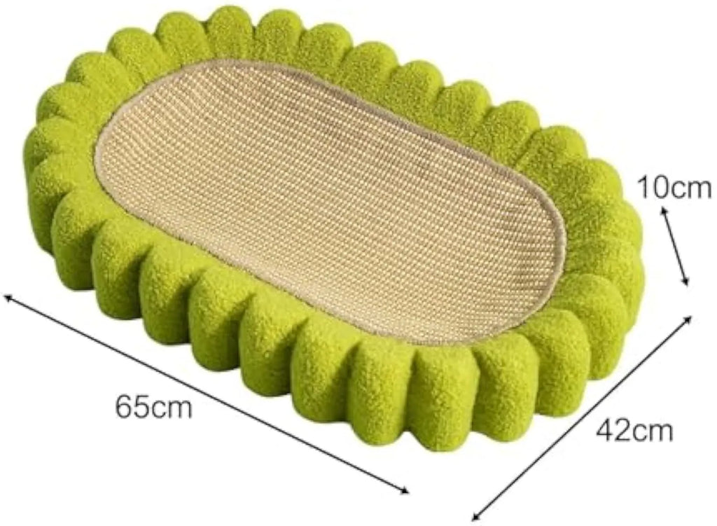 Green oval cat scratch pad bowl with sisal scratching surface measuring 650x420mm