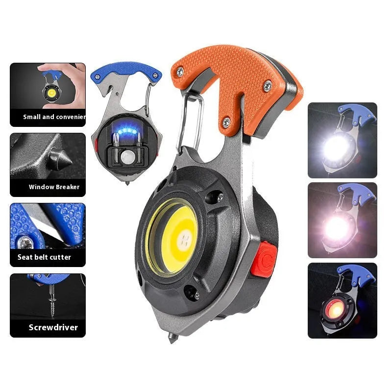 Compact silver and black multifunctional keychain flashlight with a window-breaking hammer tip and screwdriver.