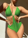Women's sleeveless polyester bikini with chain detail available in black, dark brown and emerald green