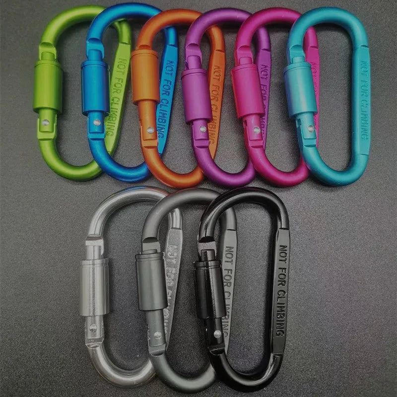 Aluminium D-shaped locking climbing carabiner with a flat 8cm design shown in silver.