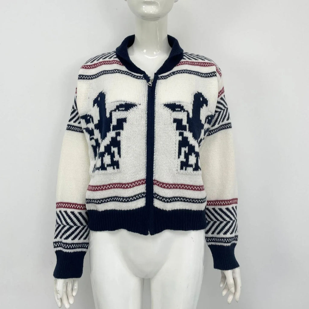 White women's zip-up cardigan with jacquard stripe pattern and lapel collar