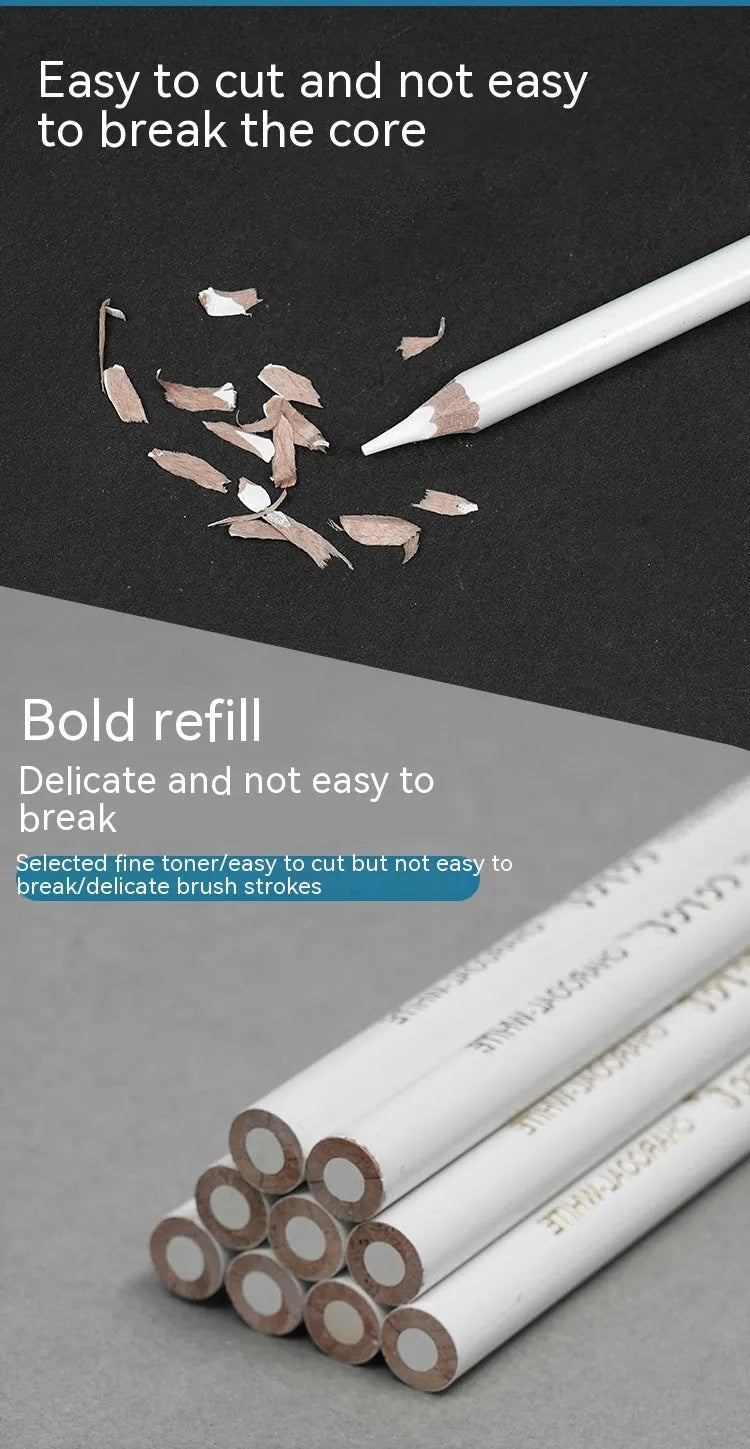 Set of three white charcoal pencils with wooden shells for highlighting and shading art on dark paper