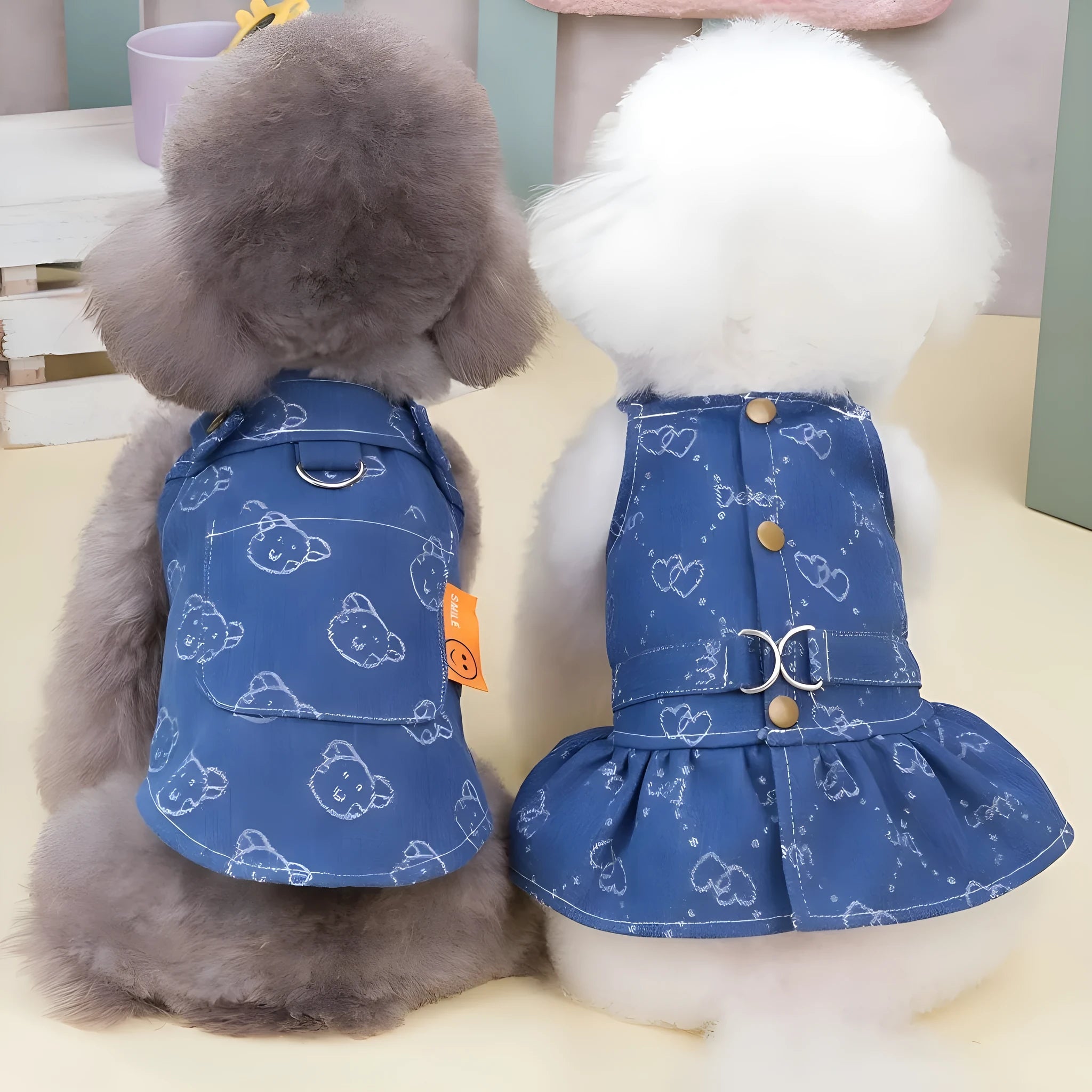 Teddy Bichon dog wearing a thin HNXD denim princess dress with a bracket skirt design.