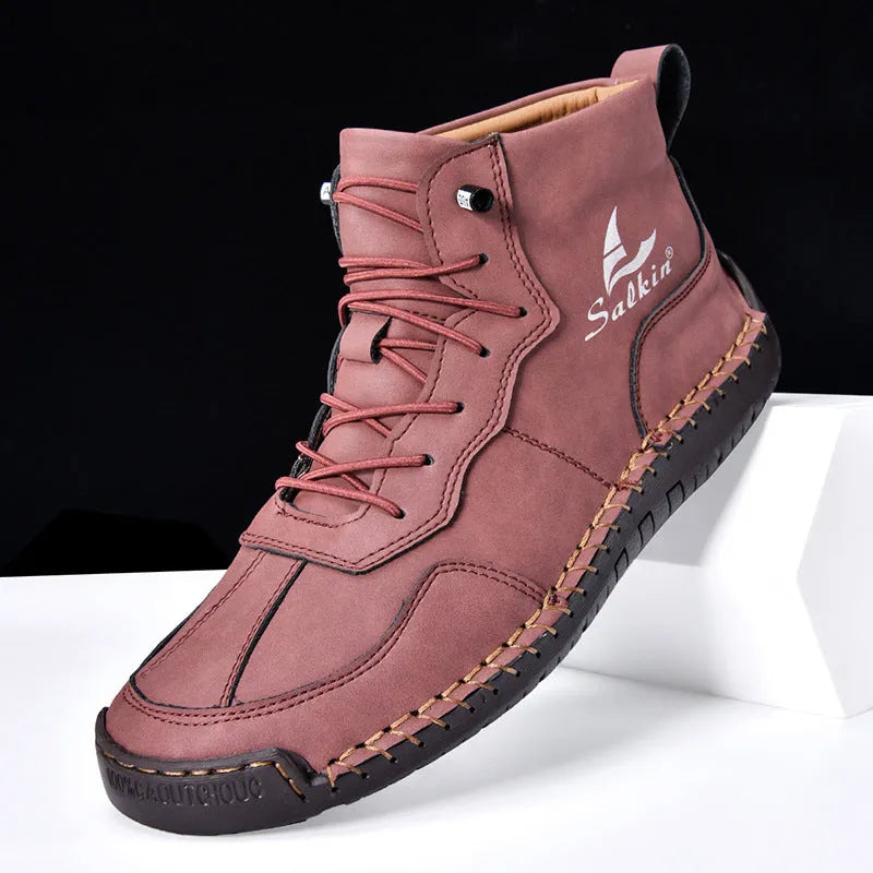 Retro high-top casual boots in beige with elastic band and flat heel