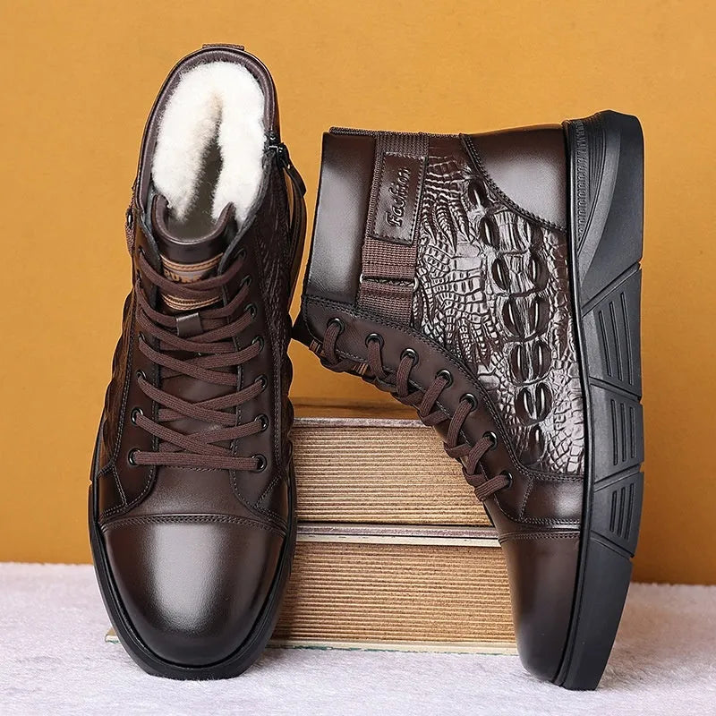 Black and brown genuine leather snow boots with fur lining, round toes, and lace-up fronts on a rubber non-slip sole.
