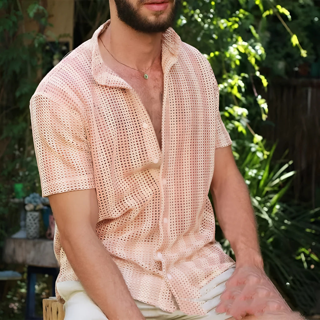Pink men's loose short-sleeved cardigan shirt with waffle weave texture and holes