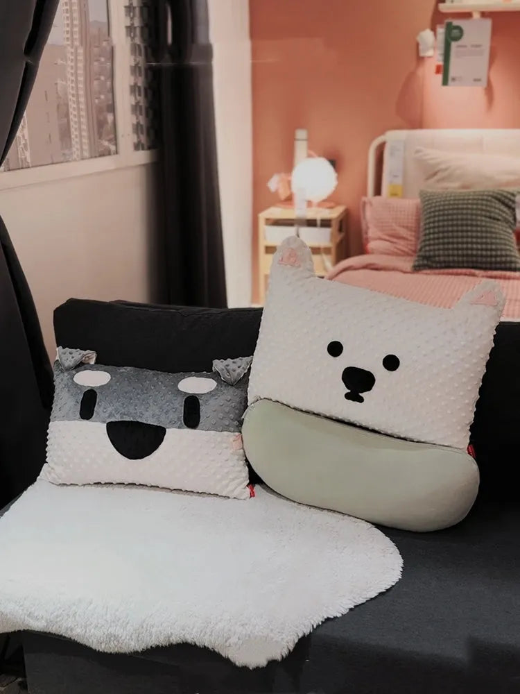 Grey schnauzer design dog pillow cushion on a sofa, showing soft fabric and 50 cm width.