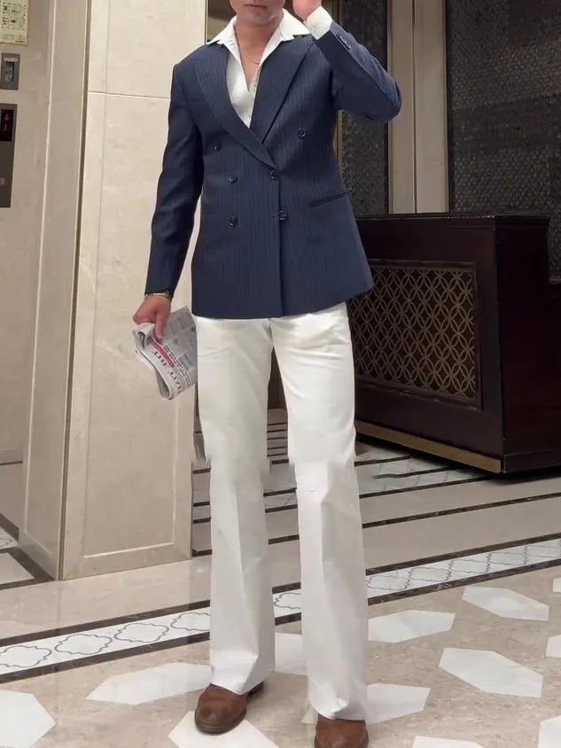 Men's striped double breasted blazer with regular fit and polyester construction