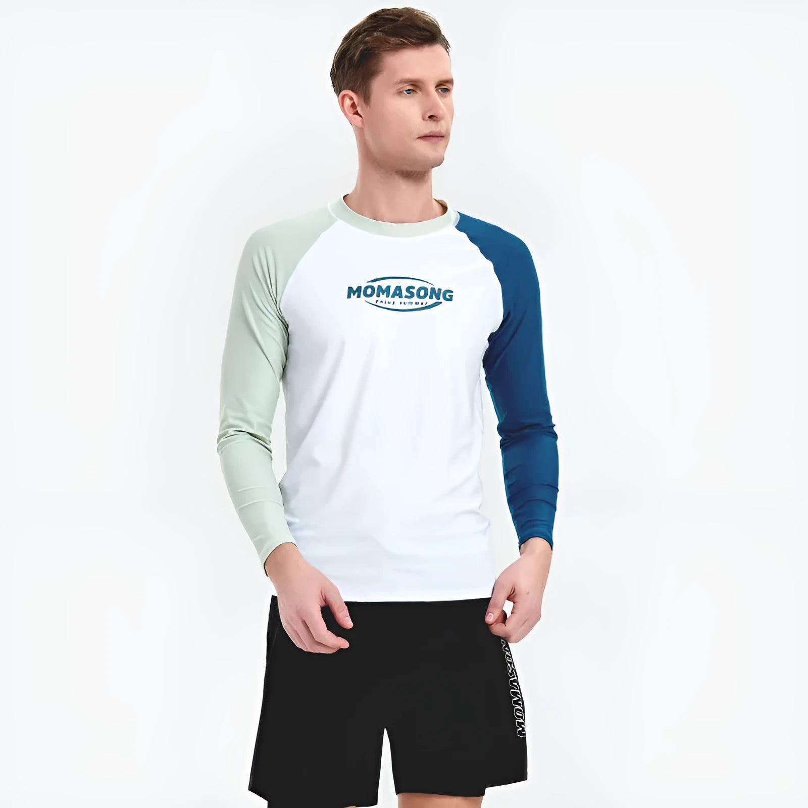 Men's white long-sleeved swim top with matching double layer beach swim trousers set