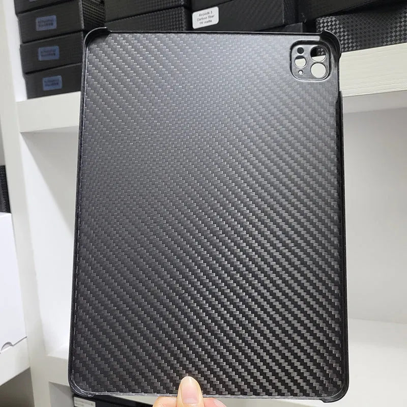 Real carbon fibre hard protective case for Apple iPad Pro 11 tablet in a flat design.