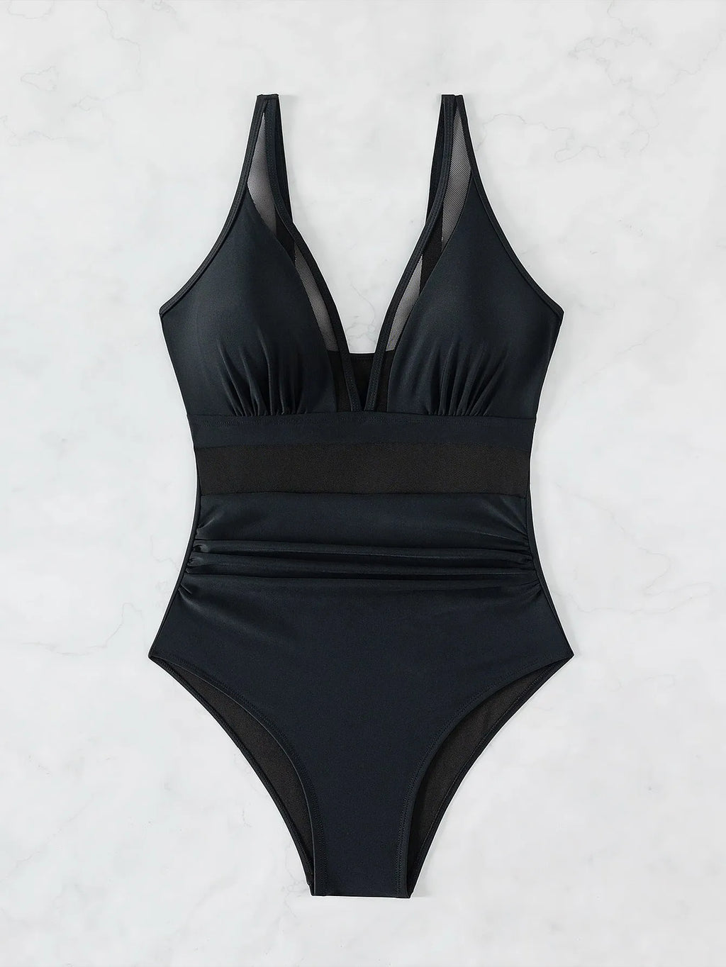Black women's one-piece swimsuit with mesh halter neck and briefs style bottom.
