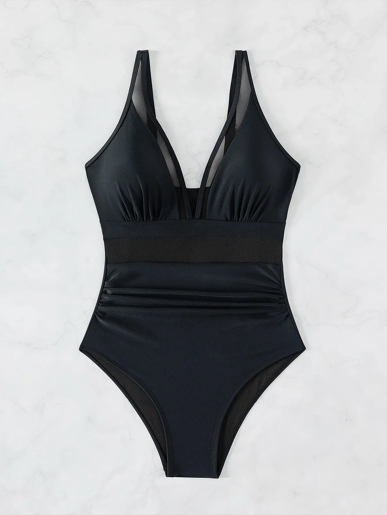 Black women's one-piece swimsuit with mesh halter neck and briefs style bottom.
