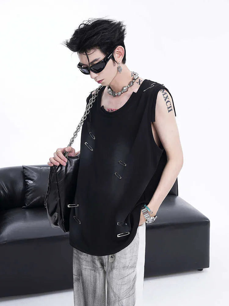 Men's black sleeveless vest waistcoat with ripped irregular cutting design on mannequin