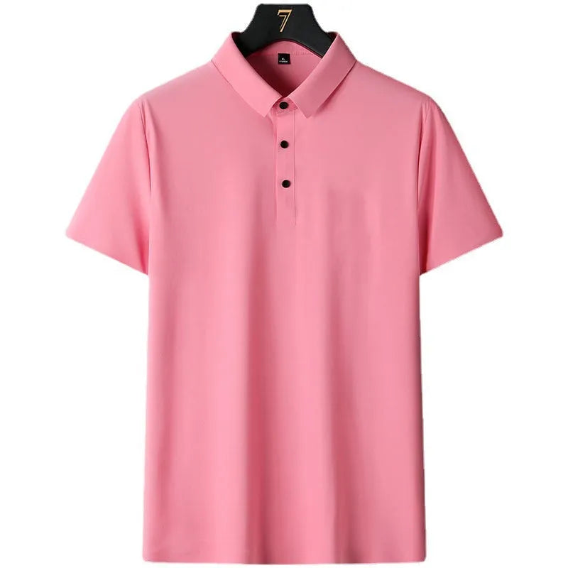Men's solid colour short sleeve non-ironing business casual shirt on a hanger.