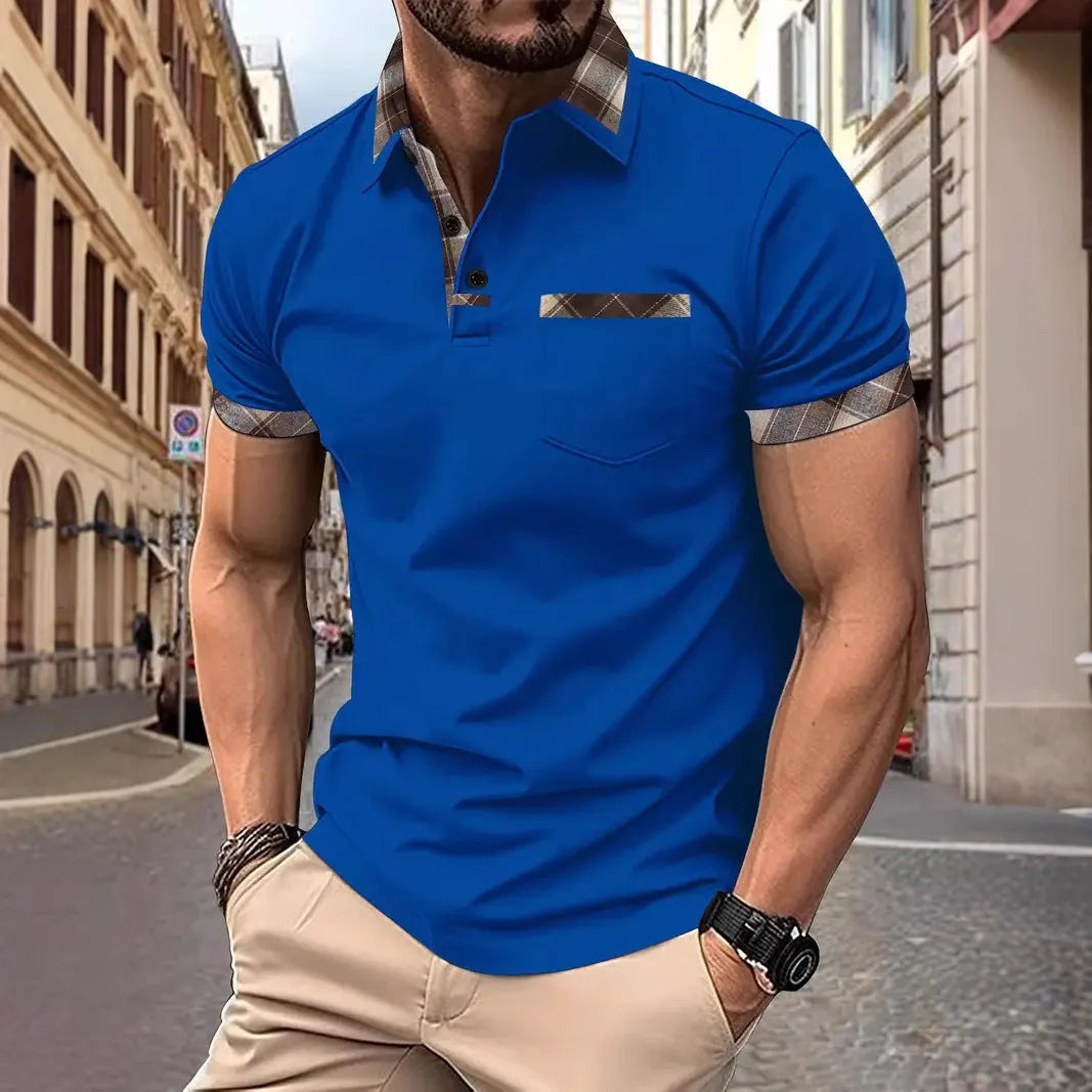 Man wearing a loose-fit plaid colourblock t-shirt with a zipper decoration detail on the front.