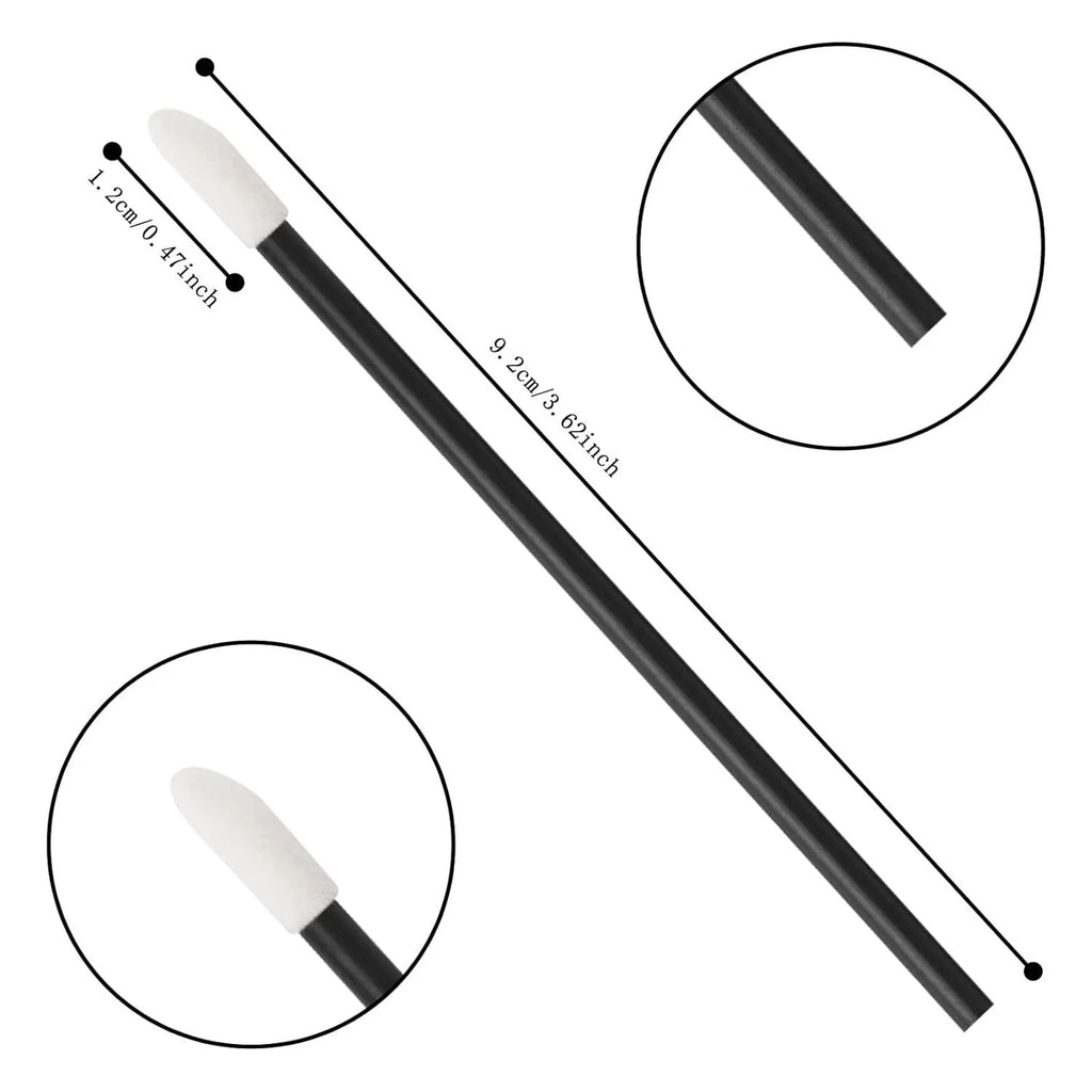 Pack of disposable lip brushes with flocked heads and coloured handles, shown in quantities from 200 to 500 pieces.