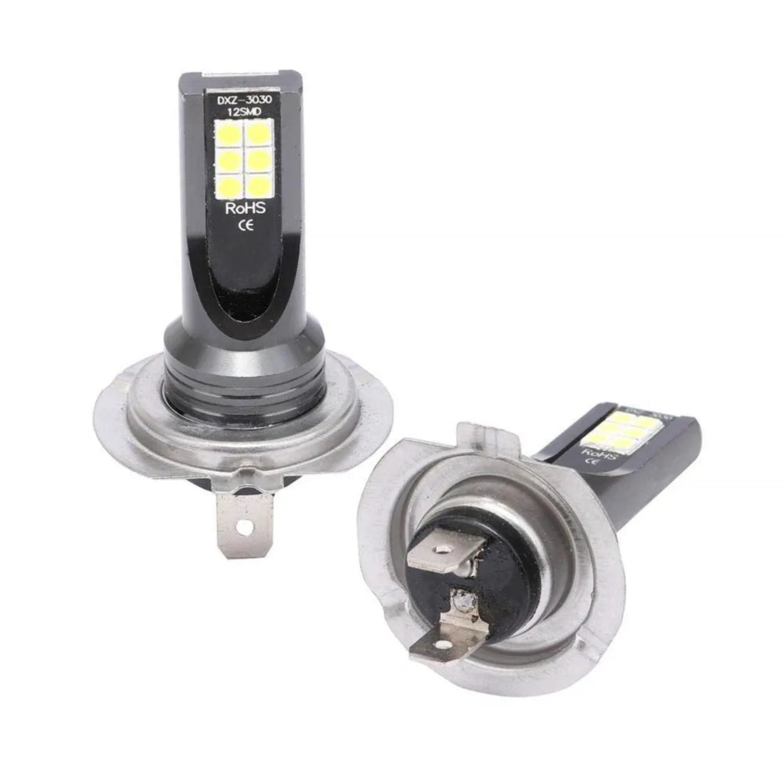 Close-up of a white aluminium H7 LED fog light with 12 visible SMD chips.