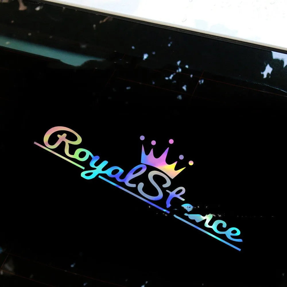Reflective crown car sticker on vehicle window showing colourful PET vinyl with 30cm dimensions