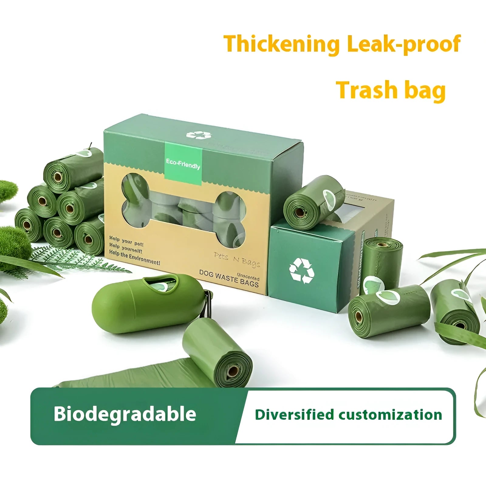 Roll of green EPI degradable dog poop bags next to a white dispenser on a table.