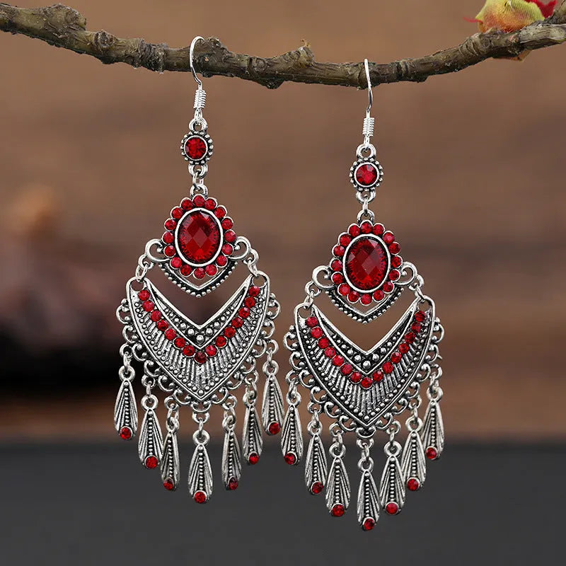 Retro purple fringe earrings with drop shape and crystal elements