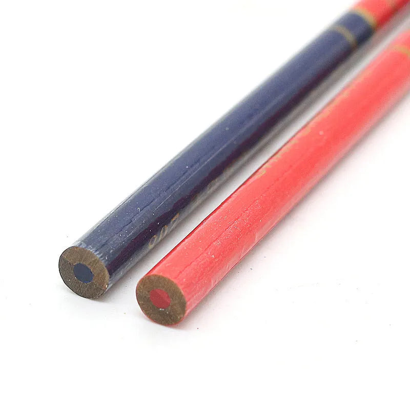Red and blue wooden carpenter pencils with round barrels in 10-piece set for woodworking marking