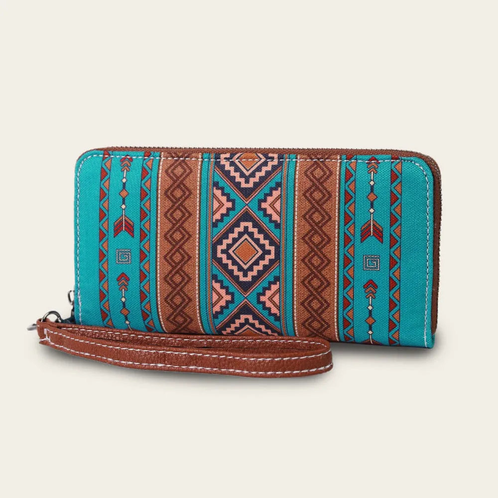 Bohemian striped canvas RFID wallet showing anti-theft function and multiple colour options