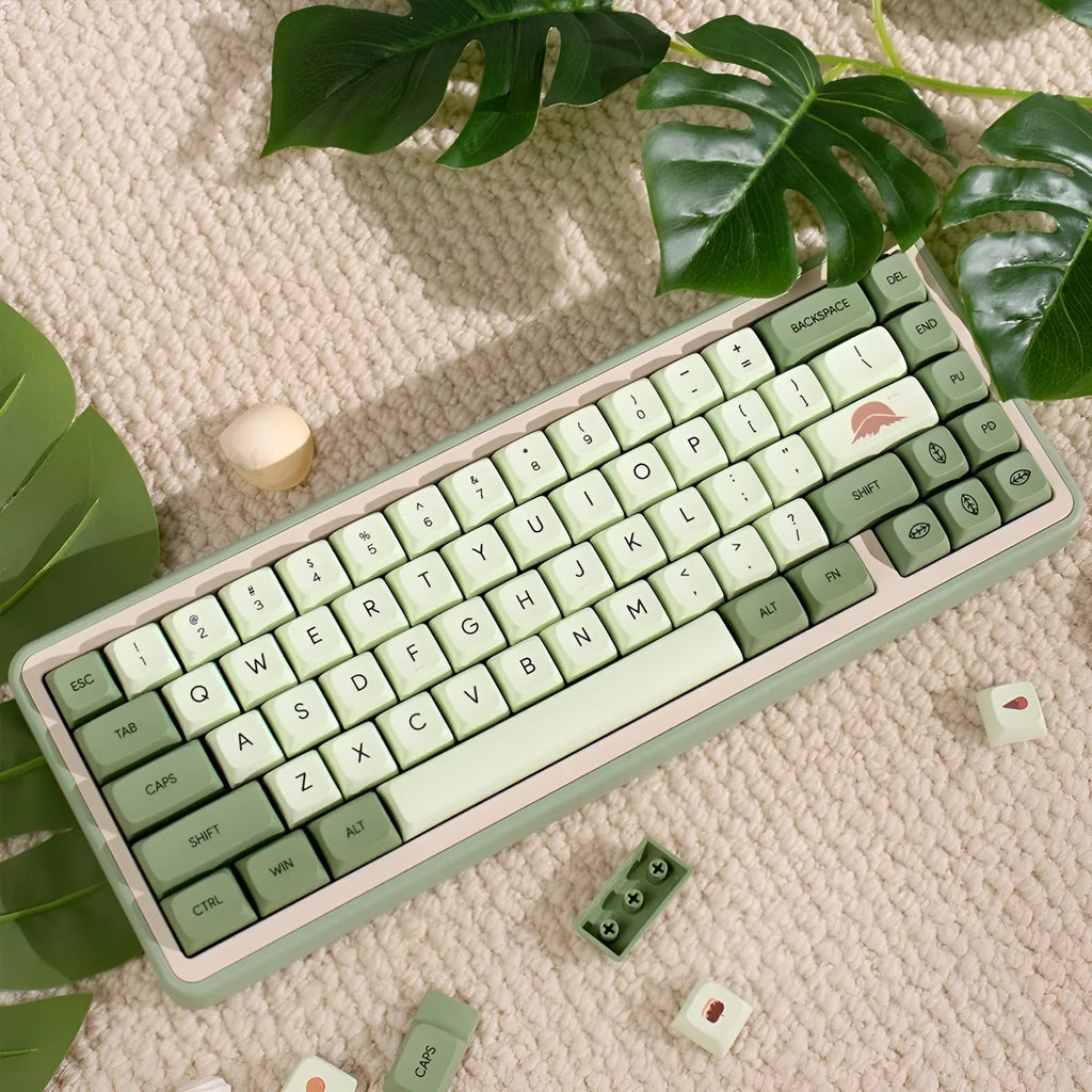 124 PBT keycaps with matcha green colour and white doubleshot legends for mechanical keyboards.